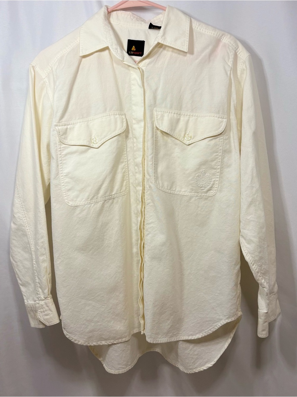 Vintage Lizsport Cream Long Sleeve Button Down Shirt Embroidered Logo Size Small